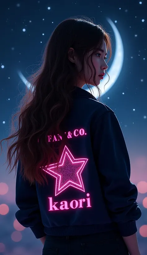  luxury brand Tiffany  & Co clothes 、 The color of the letters is pink 、Tiffany & CoのロゴマークPutその下に英語で「Kaori」Put、Clothes color light blue 、 beautiful starry sky shining in a jet black sky 、Crescent Moon、 backwards girls upper body 、、Realな巻き髪のロングヘアー、 faithful...