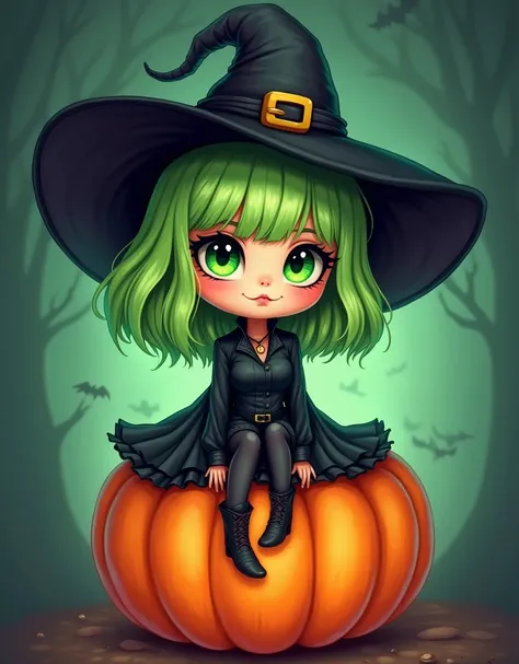 a cartoon girl with green hair and green eyes sitting on a pumpkin, digital art by Jasmine Becket-Griffith, deviantart, gothic art, halloween art style, cute detailed digital art, cute digital art, evil. vibrant colors. cute, scary color art in 4 k, cute c...