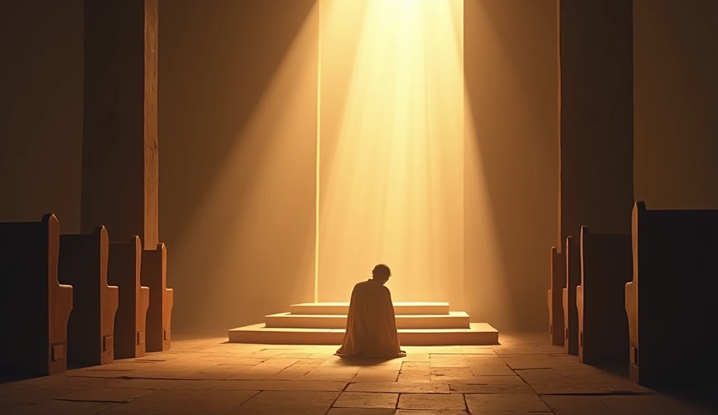 An image of an altar in a simple church, with a bright light descending from the sky, illuminating the figure who kneels in worship and total surrender, symbolizing hope and salvation in Christ