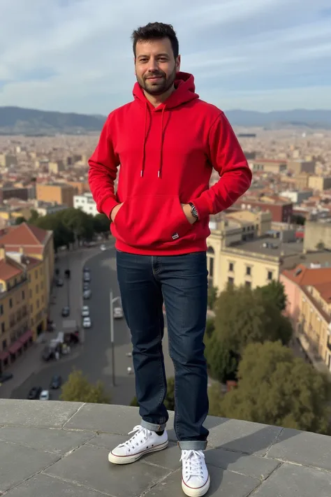 A hyperrealistic full-body portrait of a person standing in a natural pose. They are wearing a casual outfit: a bright red hoodie, dark blue jeans, and classic white Converse sneakers. The background should be a simple, out-of-focus, neutral color to empha...