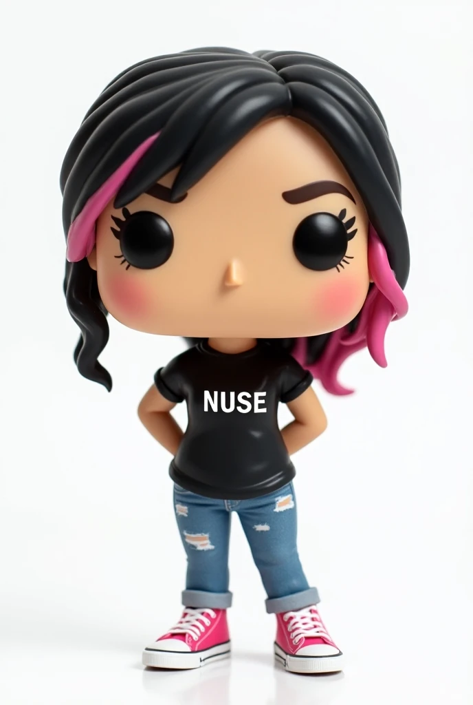 Create a Funko Figure of a girl ,  named Bruna Gomes wearing black clothes with the name Nuse in the middle of her clothes and wearing jeans with all star pink ,  black hair with pink highlights white skin brown eyes Funko is displayed inside and outside a...