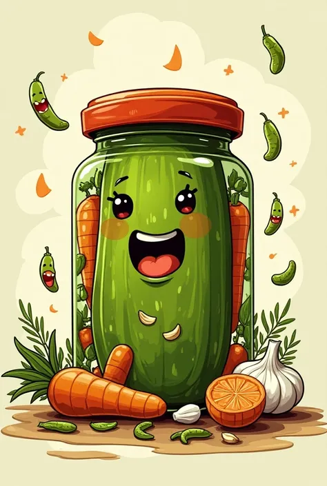 Animated logo for a pickle with the title scabechin and containing a closed container, with green chilies , Onions, carrots, Garlic, vinegar