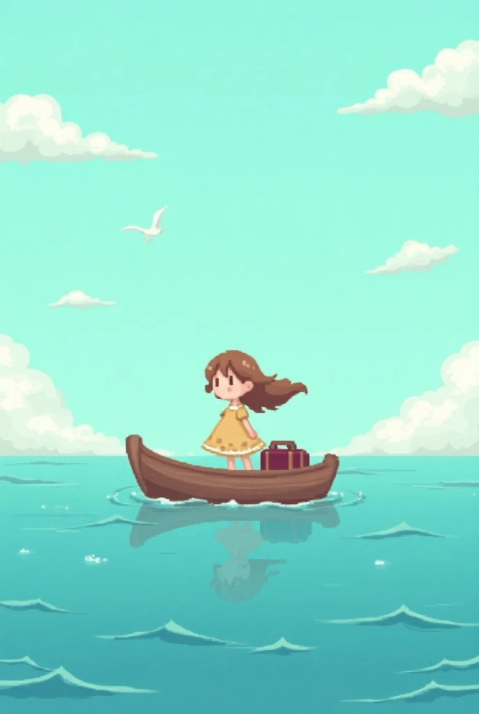  Pixart-style image of a girl with light brown hair, sailing in the sea, carrying suitcases .