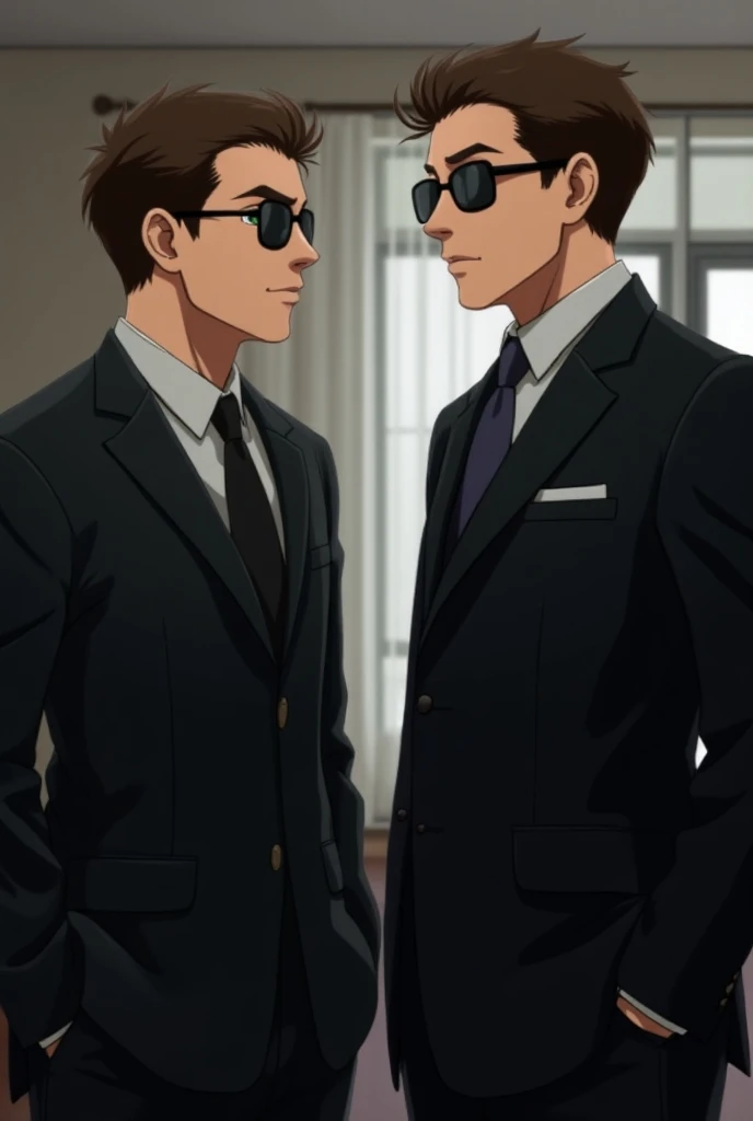 Brown-haired brown-haired man with green eyes in a black suit wearing dark glasses with a coat next to a brown-haired man with brown eyes also in a suit 