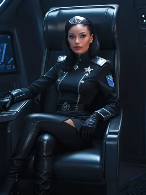 a beautiful girl with silver eyes sits confidently on a modern chair, wearing a black latex military uniform with a rank plate, ...