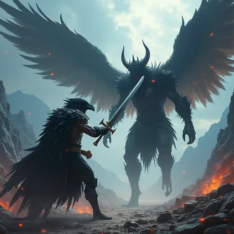 Create an image of a battle between a muscular raven warrior covered in black feathers and a demon king, weapons clashing, dynamic posing, detailed background, Masterpiece, Award Winning, Best Quality, UHD, 