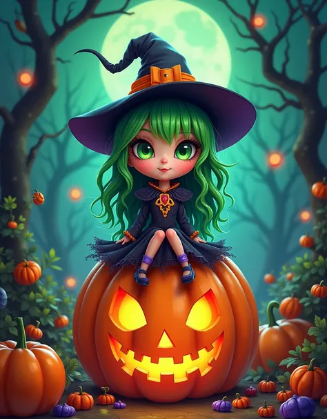 a cartoon girl with green hair and green eyes sitting on a pumpkin, halloween art style, cute detailed digital art, by Jasmine Becket-Griffith, cute digital art, evil. vibrant colors. cute, scary color art in 4 k, cute colorful adorable, inspired by Jasmin...