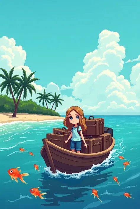 Pixart-style image of a girl with long light brown hair, light skin, sailing in the sea, carrying a lot of suitcases .  You can see goldfish and palm trees