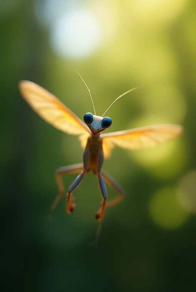 A praying mantis flying in the air. A praying mantis, dark blue eyes, a cute face. Wings spread wide. Sunlight filtering through the forest.