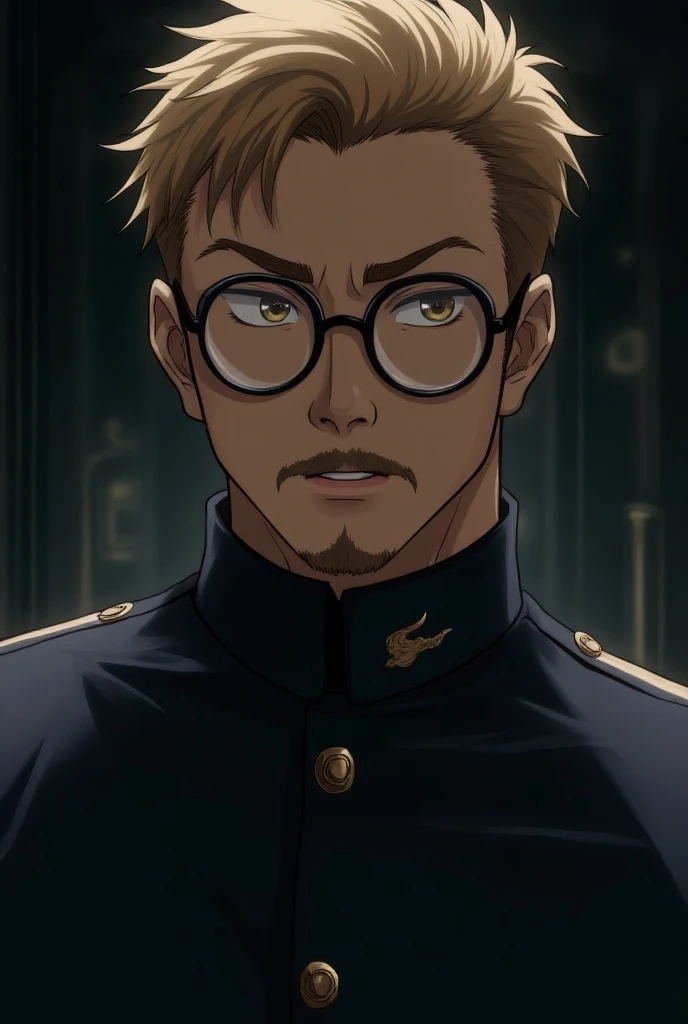 Create a Jujutsu Kaisen style character. He is a Caucasian man with light brown hair and normal mustache. He also has circular glasses and wears a formal military uniform.