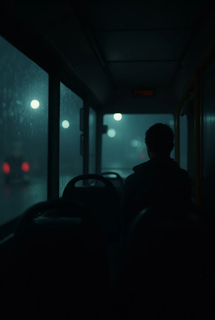 Bus windows ,  seen from the inside.  Everything is totally dark, Its night and its raining . THERE ARE NO PASSENGERS. You cant see anything through the windows