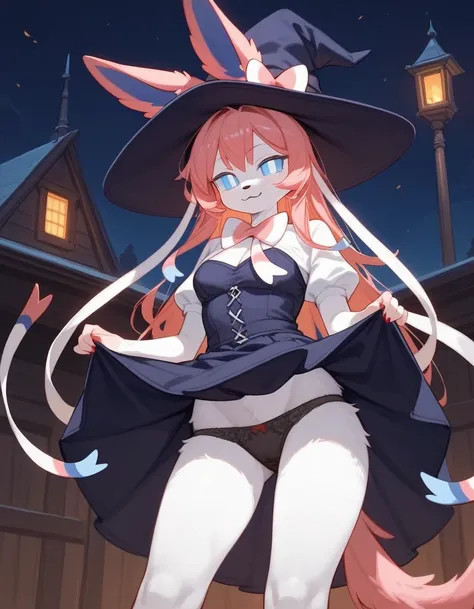 alone, score_9,score_8_up,score_7_up, anthro female sylveon, blue sclera, white eyes, witch dress, witch hat, black panties, lifting skirt, outdoors, standing, night.