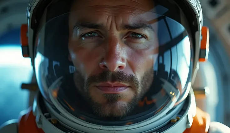 Inside the cockpit of the spaceship, a close up face front shoot of a lone astronaut. His face is weary but hopeful. Reflections of the planet shine in his helmets visor. Visuals should convey exhaustion and isolation but with a slight smile as a glimmer o...