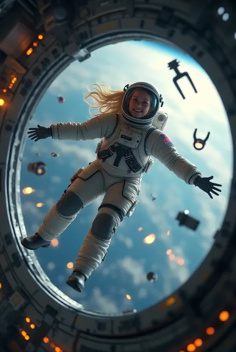 Helen Skelton, floating in zero gravity, smiling, moist skin, full figure, bulky spacesuit, realistic NASA spacesuit and helmet, blonde hair floating, tiny breasts, onboard space station, Earth outside, sunbeam shining in through round viewport, floating s...