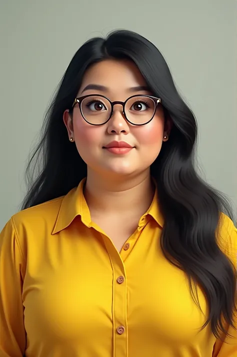 white woman, In a yellow dress shirt, slanted eyes, chubby, with glasses, straight hair, black and long,