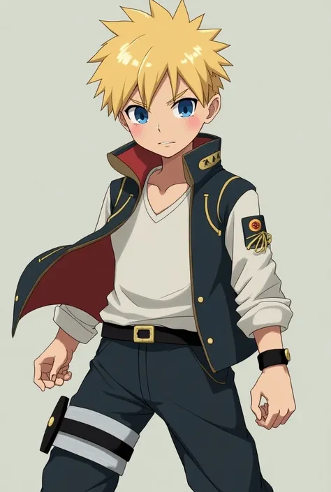 (anime) (Naruto) (minato)

 Nkazya Hes a young ninja with short blond hair and goosebumps,  stamps similar to Minatos iconic style . Your eyes are an intense blue,  radiant and full of energy , conveying a sense of determination. He wears normal clothes , ...