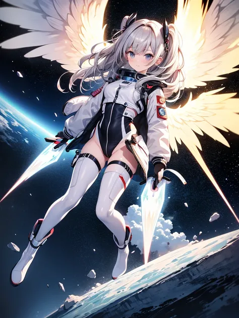 masterpiece, best quality, ultra-detailed, high resolution, extremely detailed CG, 8k wallpaper, official art, adult female, 1woman, anatomically correct hands,detailed hands,Space Pilot Flight Jacket,medium shot,Silver Hair,Hair accessories,Curly Hair,Por...