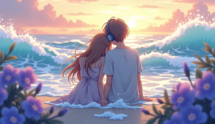  a teenage girl and an adult boy ， Two brothers sitting on the beach ，early morning， covered by pulsating waves ， Purple and blue flowers blooming on a silver beach ， Two people in anime style below sit on a silver beach。看着early morning的日出， I cant see my f...