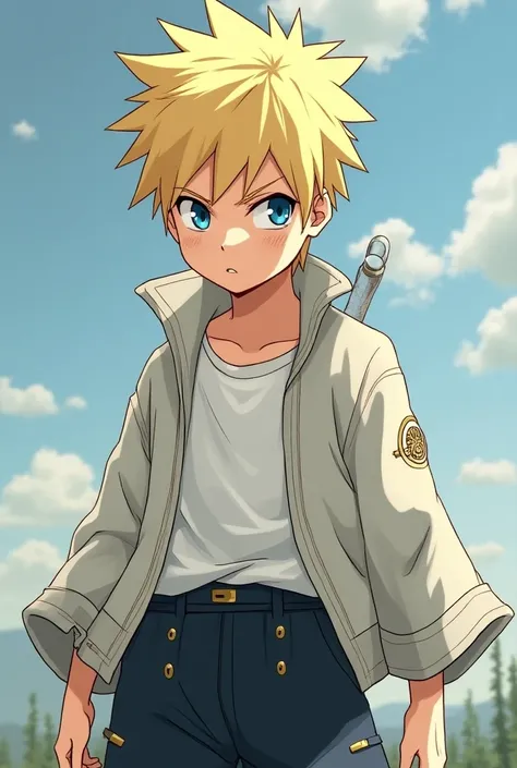 (anime) (Naruto) (minato)

 Nkazya Hes a young ninja with short blond hair and goosebumps,  stamps similar to Minatos iconic style . Your eyes are an intense blue,  radiant and full of energy , conveying a sense of determination. He wears normal clothes , ...