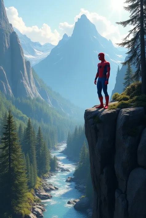 Spider-Man  on cliff and  river alpine trees and rocky mountain 