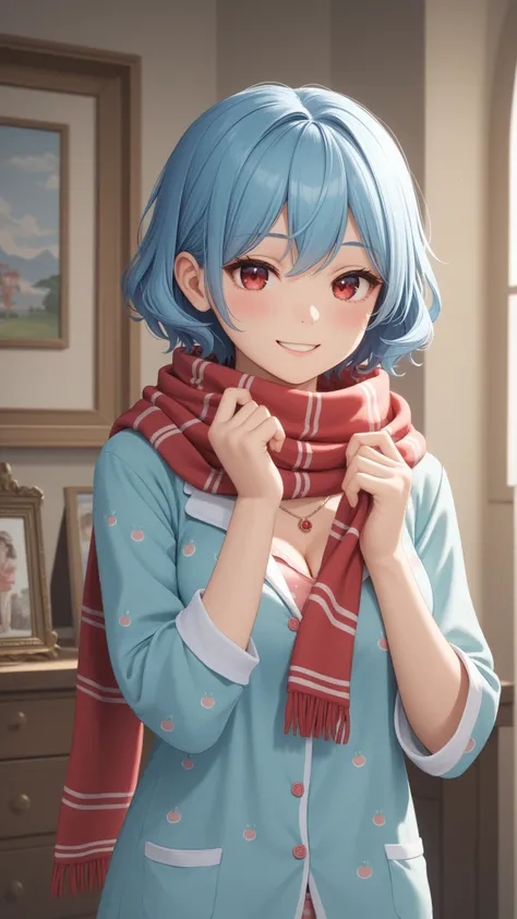 Fraction_9, Fraction_8_up, Fraction_8, Medium breasts, (Curvy Beauty), Lovely, eyelash, ((masterpiece, Best quality, super detailed , high resolution,HD,4K:1.2),
,,,
zzRemilia  , Red Eyes, Blue Hair, Short hair,Smile, :3,
,,,
pajamas, scarf, necklace,   sw...