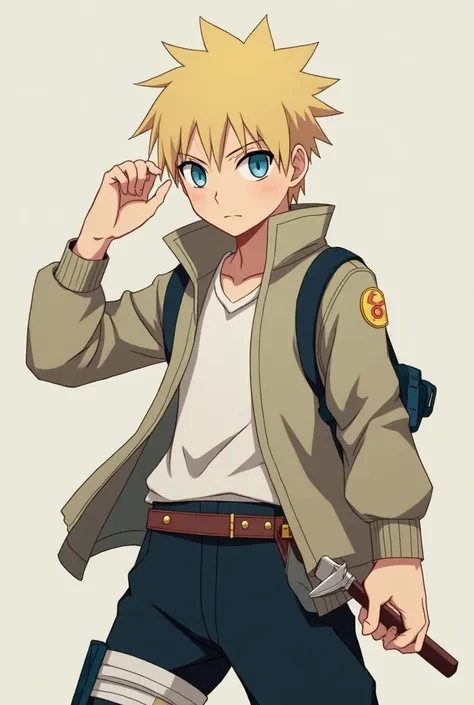 (anime) (Naruto) (minato)

 Nkazya Hes a young ninja with short blond hair and goosebumps,  stamps similar to Minatos iconic style . Your eyes are an intense blue,  radiant and full of energy , conveying a sense of determination. He wears normal clothes , ...