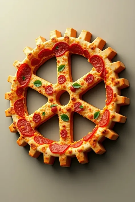 Rotary Club gear-shaped tilted pizza
