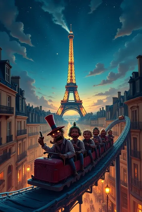 Many strange people are having much fun, in a 
rollercoaster around the Eiffel Tower and Parisian buildings. The sky is dark, stars are shining. Realistic coloured photo