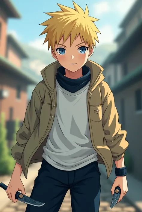 (anime) (Naruto) (minato)

 Nkazya Hes a young ninja with short blond hair and goosebumps,  stamps similar to Minatos iconic style . Your eyes are an intense blue,  radiant and full of energy , conveying a sense of determination. He wears normal clothes , ...