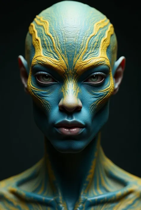 Hybrid handsome male human-alien, male 40 years of age, human facial structure, normal mouth, ridescent blue and yellow skin, lizard-like skin, intricate patterns on forehead, large ridges on forehead and nose, devoid of ears, alien jewellry on forehead, h...