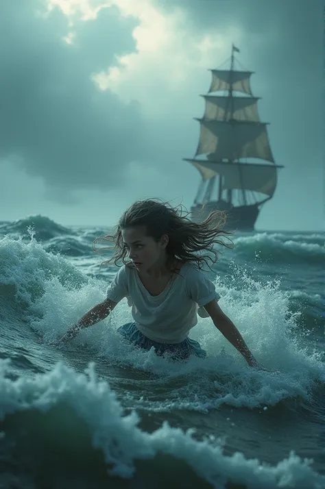 Girl drowning in the middle of the sea background of a ship sky storm 