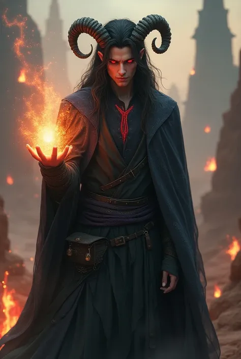 A male humanoid with curved horns that resemble spirals. His eyes are an intense red,  that shine under the light of the arcane towers . hair: Long and black as night ,  often adorned with small magic crystals that capture the light of the desert. clothes:...