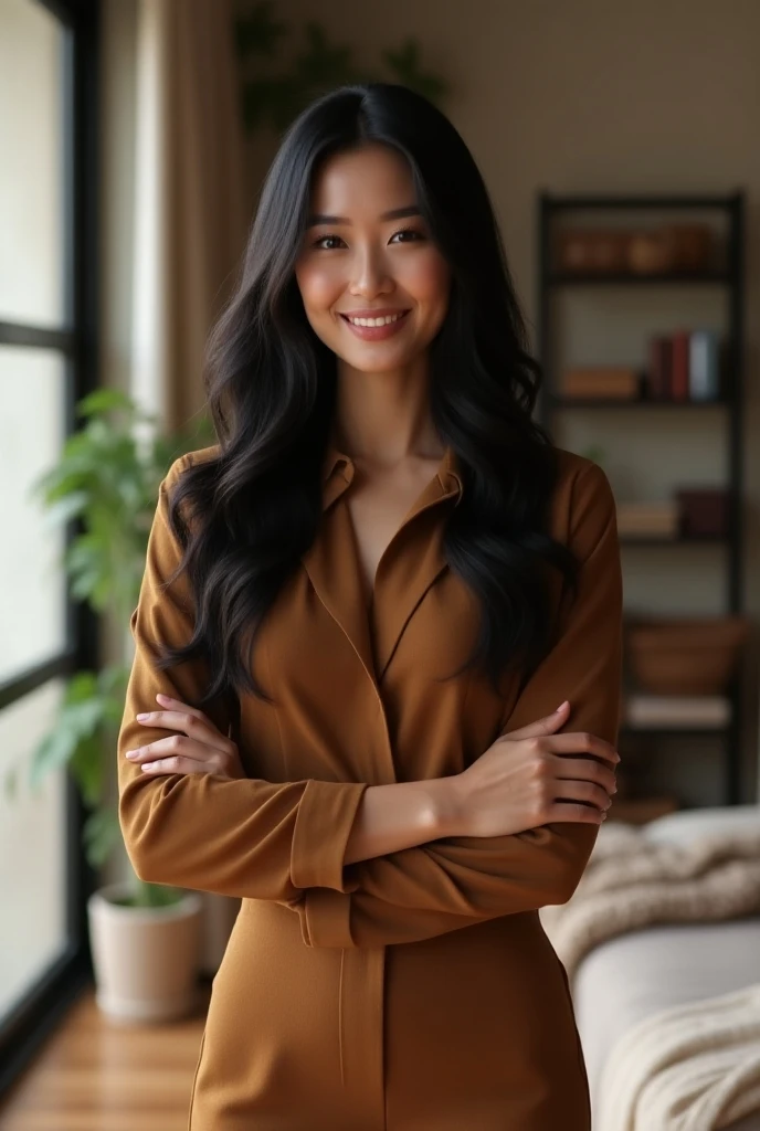  Create a photo of a beautiful brunette woman ,  of long and full black hair , She is an entrepreneur ,  is wearing brown clothes. At home in full body