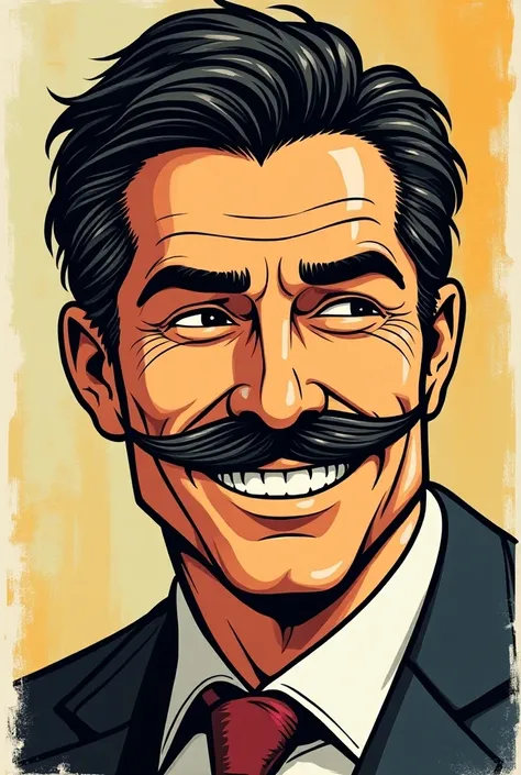 Man with mustache smiling in graphic novel style

