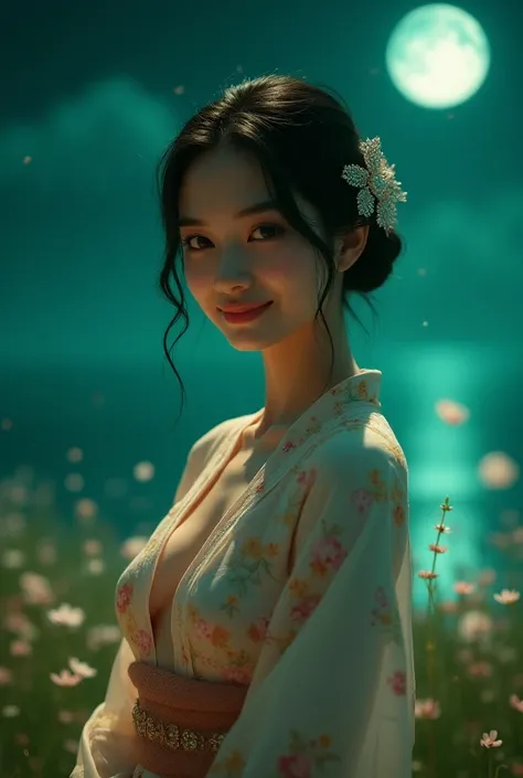 Seaside field 、Full moon night、6.4、The green moonlight is fantastic、 For some reason, petals and gold powder are mixed and scattered a lot、Wear a floral kimono and open your chest in a V shape for an attractive look、 She has very soft and taut breasts、The ...