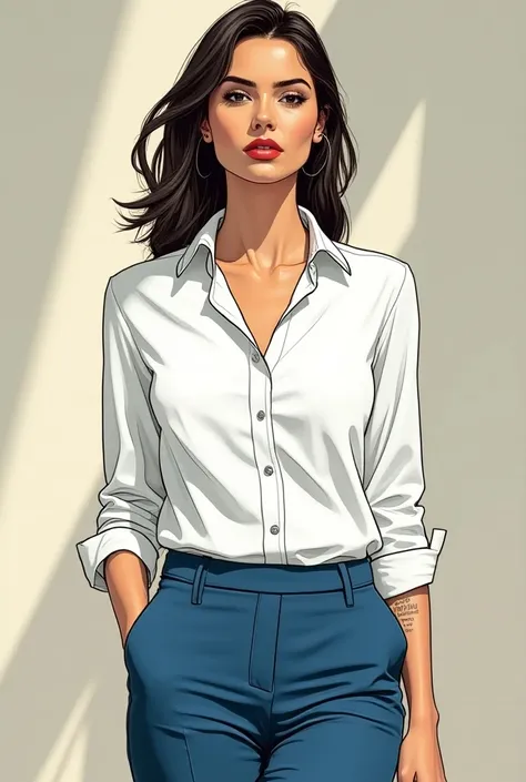 Make a woman in a white button-down shirt and blue pants in a graphic novel