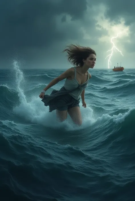 Girl drowning in the middle of the sea in the background of a lifeboat sky storm 