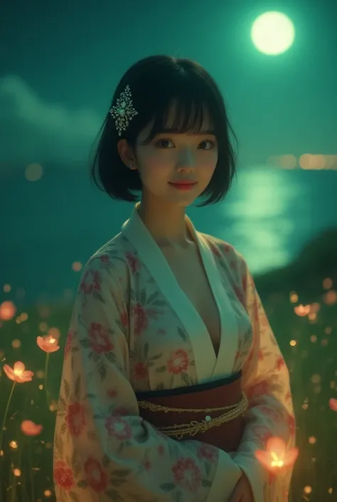 Seaside field 、Full moon night、6.4、The green moonlight is fantastic、 For some reason, petals and gold powder are mixed and scattered a lot、Wear a floral kimono and open your chest in a V shape for an attractive look、 She has very soft and taut breasts、The ...