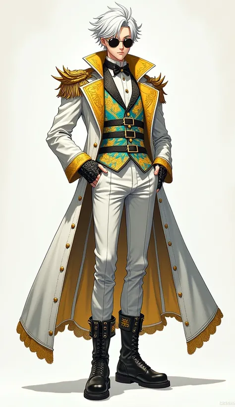 Anime guy with pale skin, sunglasses, and white short messy hair, stoic expression on his face, a long, golden buttoned white coat with three separated coattails. A golden, draconic pattern runs around the collar. A gold lining runs across the edges of the...