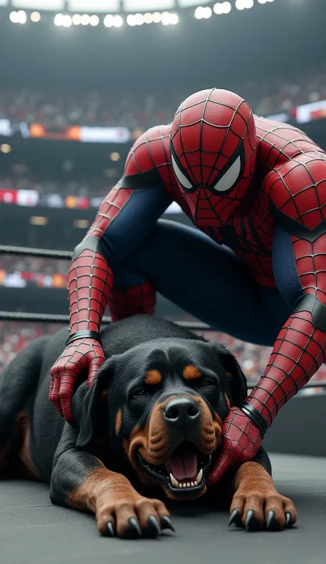 A dead Rottweiler is lying on the ground and a Spiderman is attacking the Rottweiler. The Spidermans big teeth look very dangerous and he looks very angry. And all this is happening in a wwe stadium.