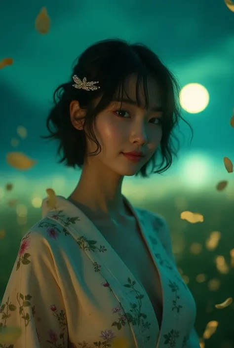 Seaside field 、Full moon night、6.4、The green moonlight is fantastic、 For some reason, petals and gold powder are mixed and scattered a lot、Wear a floral kimono and open your chest in a V shape for an attractive look、 She has very soft and taut breasts、The ...