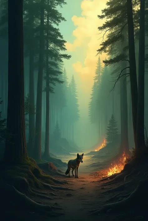 The Last Sigh
Prompt: " A poetic illustration of a forest before and after the fire. Left,  a green forest full of life ; On the right,  a desert of ashes and burned logs . A small wolf , in the center,  symbolizes loss and hope . "