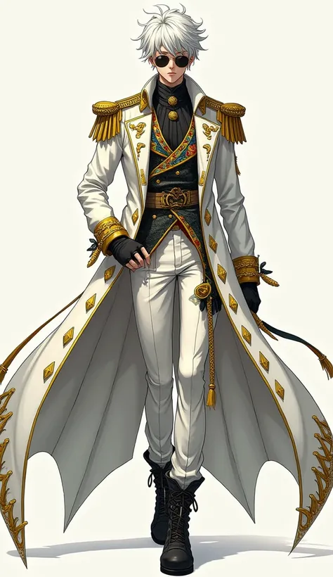 Anime guy with pale skin, sunglasses, and white short messy hair, stoic expression on his face, a long, golden buttoned white coat with three separated coattails. A golden, draconic pattern runs around the collar. A gold lining runs across the edges of the...