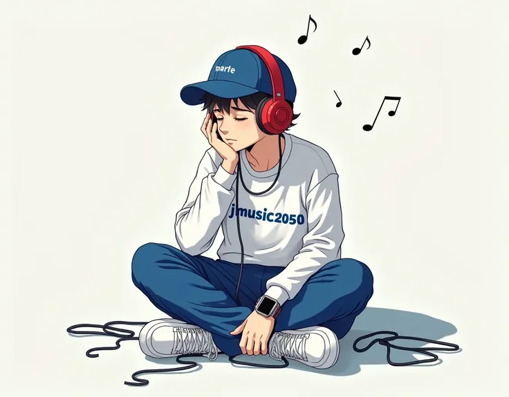 male character with white blouse written  "JMUSIC2050" colored letters blue top blouse calsa blue white shoe " blue cap"strict "I LOVE YOU LOVE " headphone"FONE REDRAGON HEADSET com blu"   eyes closed sitting on the floor listening to an mp4 chain around t...