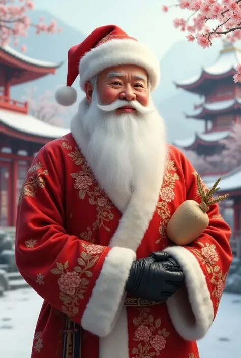 a traditional chinese style santa claus, detailed portrait, long white beard, rosy cheeks, warm smile, wearing red robe with gold embroidery, holding a sack , standing in a snowy winter landscape with pagodas and cherry blossom trees, (best quality,4k,8k,h...