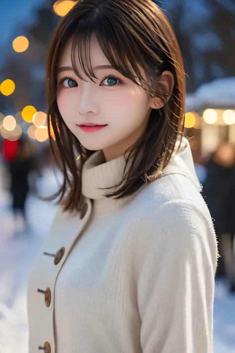 Best Quality, (beautiful)、Cute Girls、Precision Eyes、 stare at the camera to capture the audience、Inward-curling short hair、university student、 upper body、 street、Slightly larger breasts、winter、 Snow Is Falling 、Coat、muffler、Christmas tree