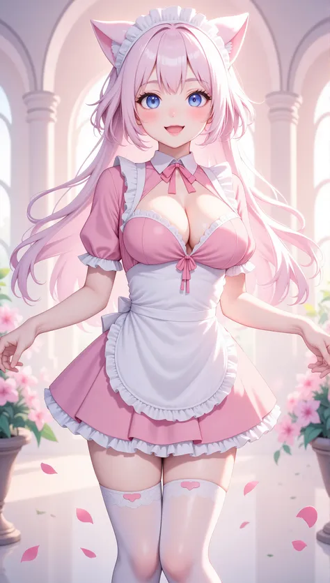 1girl\(:d, > <,blue eyeshadow,cute,plump, long hair,pastel light-pink hair,wavy hair,hair floating, pale skin,pink cheeks,pink l...