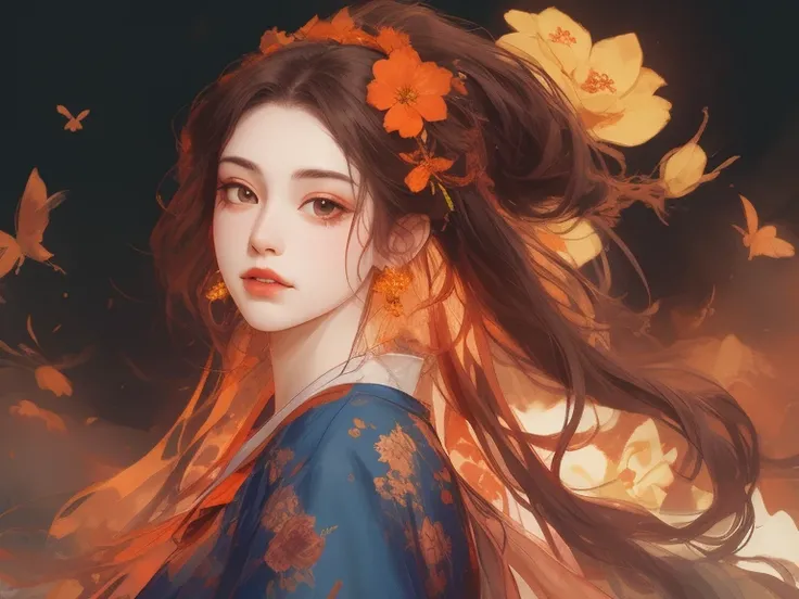 Orange,Small breasted girl、 Full Body Portrait ，Flat and slim body， Flat-chested ，Black-haired，Hazy beauty， Very Beautiful Face ，blue burgundy embroidered tulle soft dress，Head with hair ornament，Surrounded by flowers， Perfect Anatomy，（Thin body type， Flat...