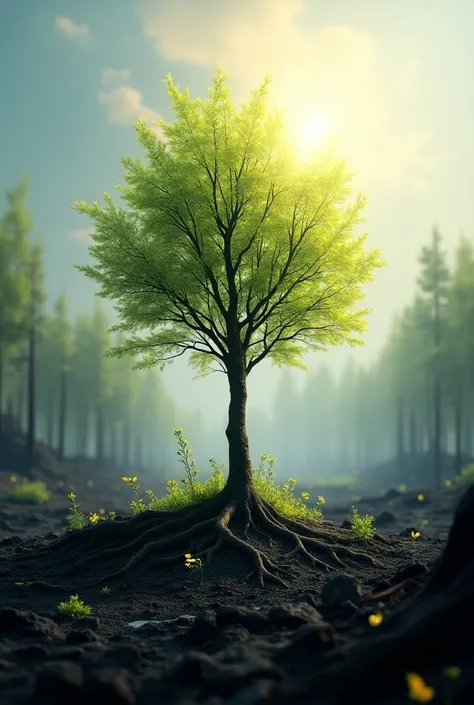 Natures Resilience
Prompt : " A resilient tree amidst a terrain devastated by forest fires,  with new green buds emerging .  The contrast between destruction and renewal ,  under a radiant sun that symbolizes hope and rebirth ."