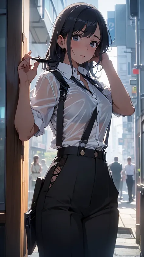 Woman in a suit, belt, Hands on back,  sweaty , suspenders,  black pants , Large Breasts, see-through clothing, rain, Detective, Office Workers, White button-up shirt, (Best Quality,4K,8k, High Resolution ,masterpiece:1.2),Ultra-detailed,(Realistic,photoRe...